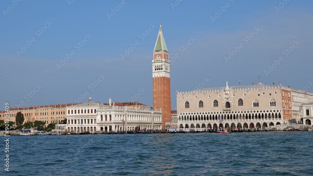 Venice city skyline in Italy. View from the Venetian Lagoon with Campanile tower, Doge Palace and Marciana Library. Venice city skyline in Italy. View from the Venetian Lagoon with Campanile tower, Doge Palace and Marciana Library.