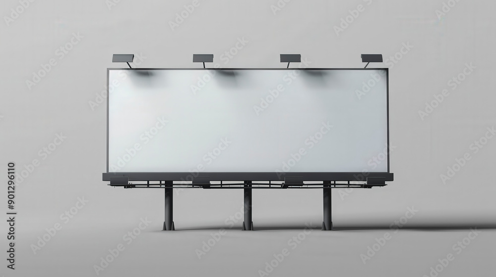 Obraz premium A large, empty billboard with lighting fixtures stands against a plain gray background, ready for advertising content to be displayed.