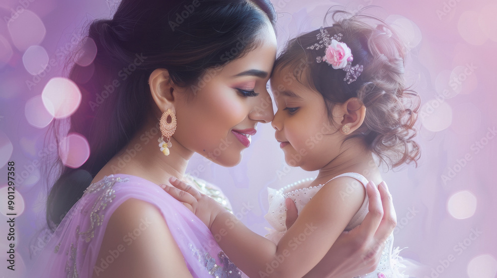 young indian mom carrying daughter on purple background young indian mom carrying daughter on purple background