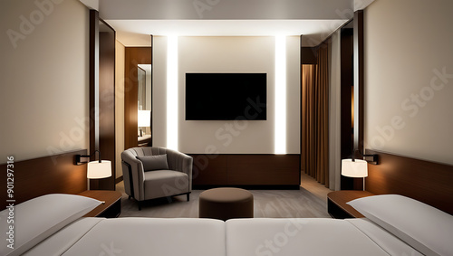 living room interior with sofa blank smart television display on wall.