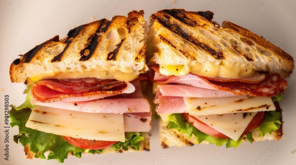 Delicious gourmet sandwich filled with layers of meats, cheeses, and fresh vegetables, perfect for any meal or snack.