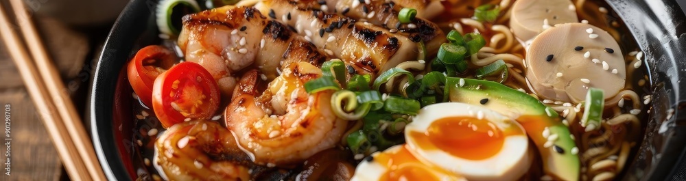 A delicious bowl of ramen featuring shrimp, vegetables, and a perfectly soft-boiled egg, garnished with herbs and spices. A delicious bowl of ramen featuring shrimp, vegetables, and a perfectly soft-boiled egg, garnished with herbs and spices.