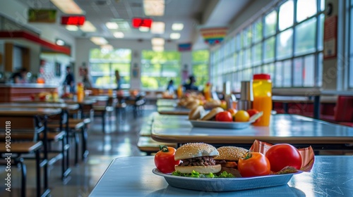 A simple lunch of a burger, fries and fruit on a table in a school cafeteria.