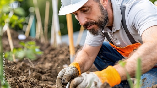 A dedicated gardener, donned in safety gear and gloves, is carefully working on planting or maintaining crops in a vegetable garden, highlighting focus and diligence. photo