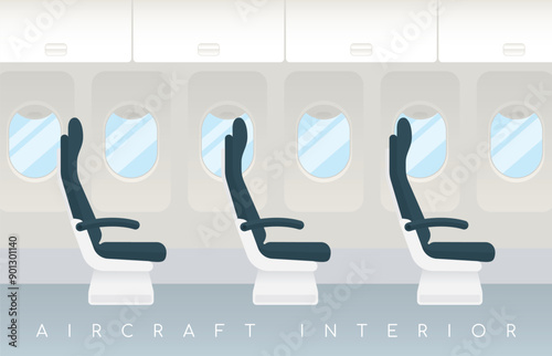 Vector aircraft interior with three empty airplane seats in a row. The seats are black with white bases, and there are windows behind each seat. The text "AIRCRAFT INTERIOR" is at the bottom.