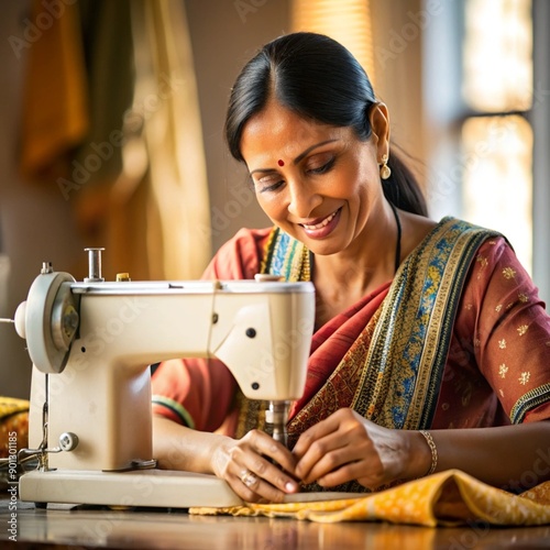 Indian seamstress working at sewing machine in factory and smiling