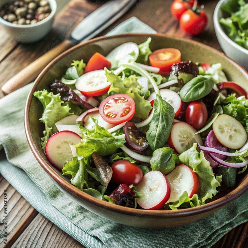 in a bowl salad of fresh vegetables, herbs and cheese