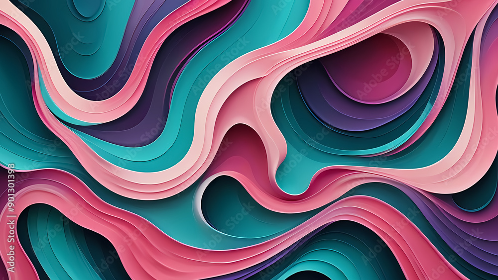 Abstract Flow: Wavelike Patterns in Pink, Purple, Teal, and Blue with Smooth Color Transitions and Dynamic Energy