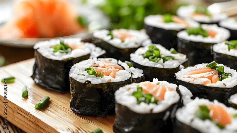Delectable Traditional Japanese Maki Rolls with Seaweed and Rice Delectable Traditional Japanese Maki Rolls with Seaweed and Rice