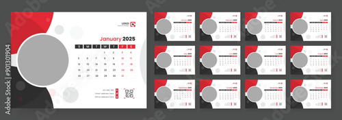 Desk Calendar Template 2025, New Year 2025 table calendar, Minimalist desk calendar 2025 template. Week start on Sunday.