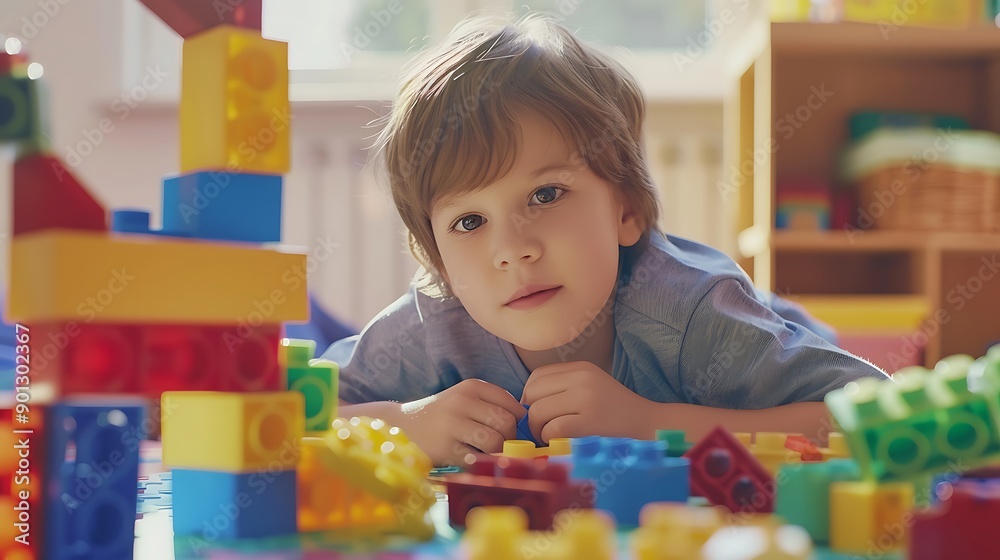 Adorable Boy Playing With Construction Blocks In Playroom Adorable Boy Playing With Construction Blocks In Playroom