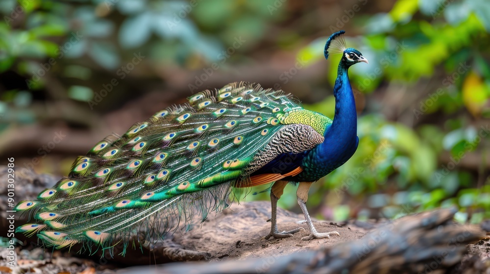 Obraz premium A bright peacock stands proudly on a rock in a forest setting, showcasing its vibrant and eye-catching feathers, symbolizing beauty, grace, and nature's splendor and elegance.
