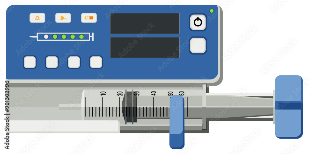 Infusion Pumps-Syringes medical devices used to deliver fluids, medications, nutrients into the patient body at a controlled rate. In hospitals, clinics. Flat design Infusion Pumps-Syringes medical devices used to deliver fluids, medications, nutrients into the patient body at a controlled rate. In hospitals, clinics. Flat design