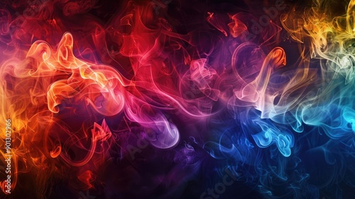 Dynamic colorful smoke clouds against a dark background, showcasing vibrant hues and abstract forms.