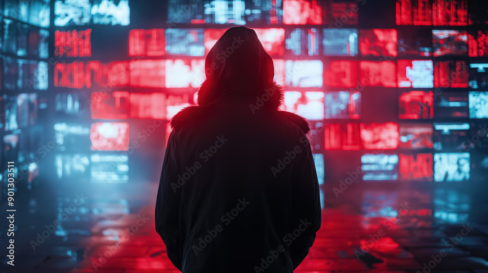 Person in a hoodie facing multiple digital screens with red and blue hues, creating a cyberpunk and futuristic atmosphere. Person in a hoodie facing multiple digital screens with red and blue hues, creating a cyberpunk and futuristic atmosphere.