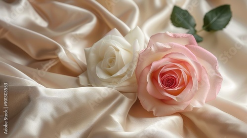 Elegant pink and white roses on beige silk fabric, with soft light and shadow creating a sophisticated background.