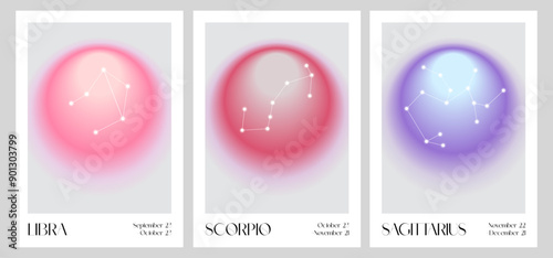 Aura Gradient Zodiac poster. Libra, Scorpio, Sagittarius Wall Art. Y2k style blurred gradient. Astrology print. Colourful spiritual poster. Futurism vector art. Print, wallpaper, web template.