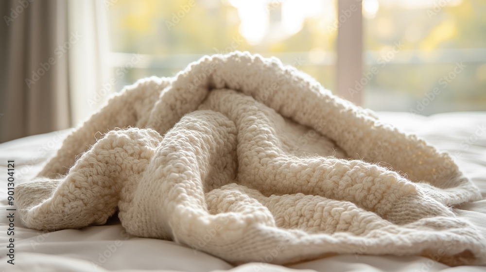 Cozy white knitted blanket casually draped on a bed, bathed in soft sunlight. The scene exudes warmth, comfort, and a sense of inviting relaxation. Cozy white knitted blanket casually draped on a bed, bathed in soft sunlight. The scene exudes warmth, comfort, and a sense of inviting relaxation.