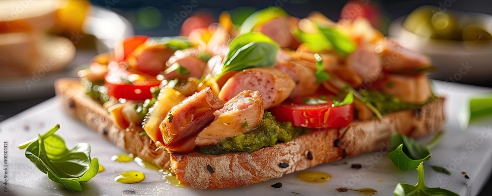 Delicious open-faced sandwich topped with grilled chicken, fresh tomatoes, and basil on hearty bread, perfect for any meal. Delicious open-faced sandwich topped with grilled chicken, fresh tomatoes, and basil on hearty bread, perfect for any meal.