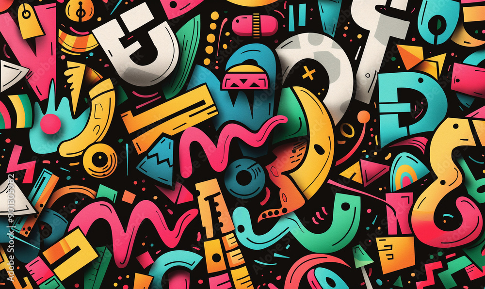 A vibrant mix of shapes and letters creating a mesmerizing pattern A vibrant mix of shapes and letters creating a mesmerizing pattern