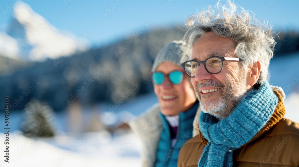A couple is seen enjoying an outdoor winter scene with snow-covered mountains in the background, highlighting their winter adventure and appreciation for nature's beauty. A couple is seen enjoying an outdoor winter scene with snow-covered mountains in the background, highlighting their winter adventure and appreciation for nature's beauty.