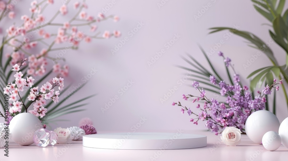 3D podium with lavender and purple floral background for cosmetics display, in a spring studio with abstract floral elements and crystals. 3D podium with lavender and purple floral background for cosmetics display, in a spring studio with abstract floral elements and crystals.