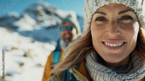 A woman smiles as she hikes in a snowy mountain landscape, wearing winter gear, with a man hiking in the blurry background, capturing the adventurous spirit of the day. photo