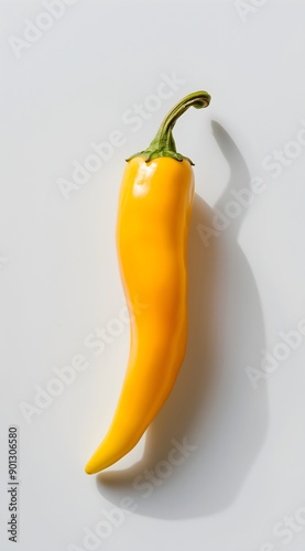 Yellow hot chili pepper, centered on a white background, with soft shadows. photo