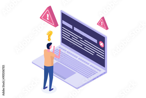 Isometric vector Concept of computer outage or failure due to server downtime, technical issues, software update errors, operating system crashes, or cyber attacks.