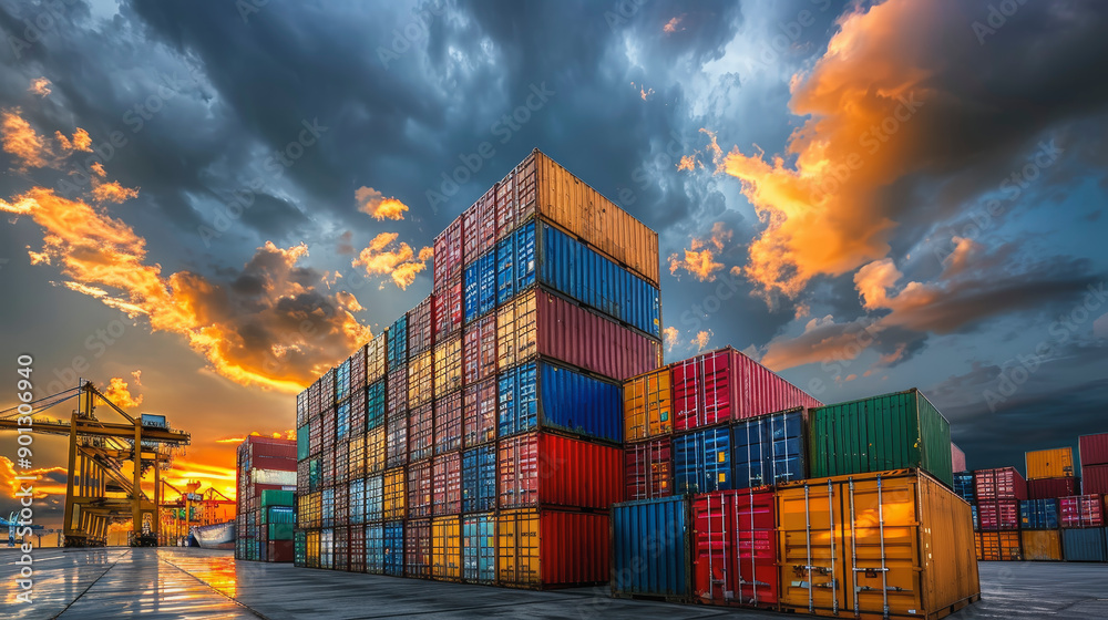 Fototapeta premium A vibrant sunset illuminates stacked shipping containers at a bustling port, highlighting the dynamic colors against dramatic clouds in the sky.