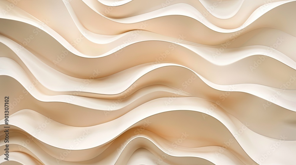 Obraz premium Pearl light brown textured beige 3D wall panel, wavy pattern, abstract structure art backdrop for interior decor, macro view.