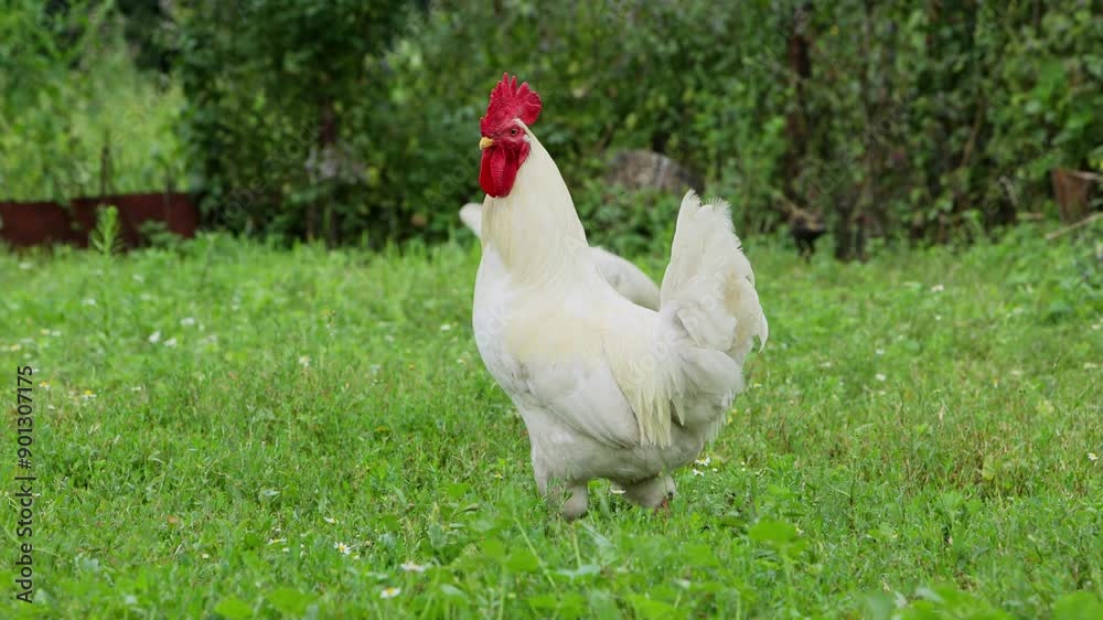 Portrait of a white rooster and hen walking on a green lawn. Portrait of a white rooster and hen walking on a green lawn.
