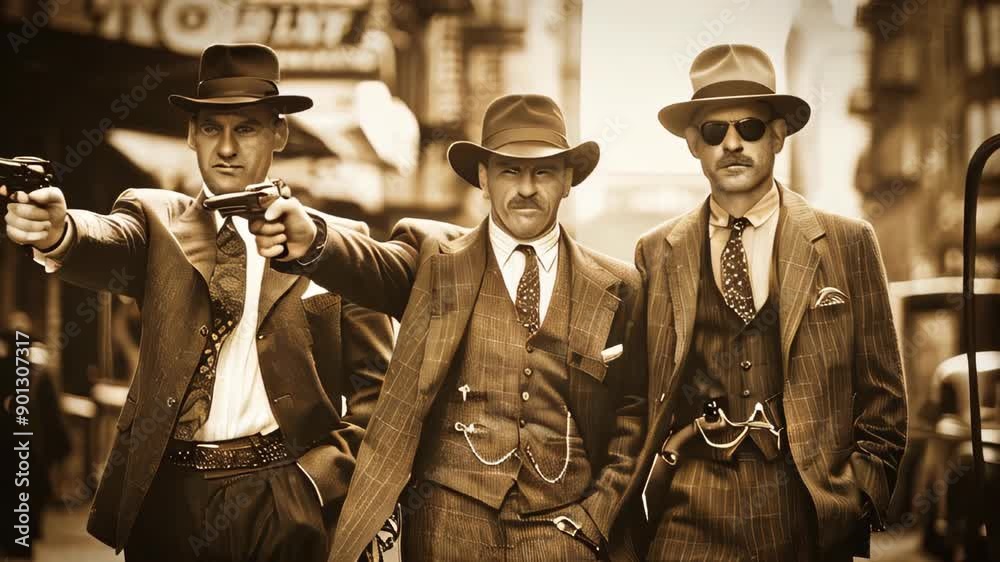 1920s gangsters in the streets, holding guns and wearing suits 1920s gangsters in the streets, holding guns and wearing suits