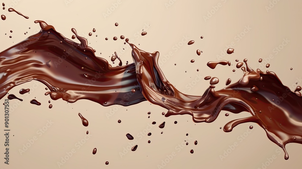 Realistic liquid chocolate long wave splash, creamy and rich, capturing indulgence, isolated 3D vector brown splashing jet with mid-air droplets. Realistic liquid chocolate long wave splash, creamy and rich, capturing indulgence, isolated 3D vector brown splashing jet with mid-air droplets.