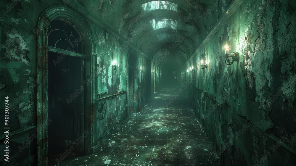 Eerie Abandoned Corridor with Peeling Paint and Dim Lighting in a Haunted Building Eerie Abandoned Corridor with Peeling Paint and Dim Lighting in a Haunted Building