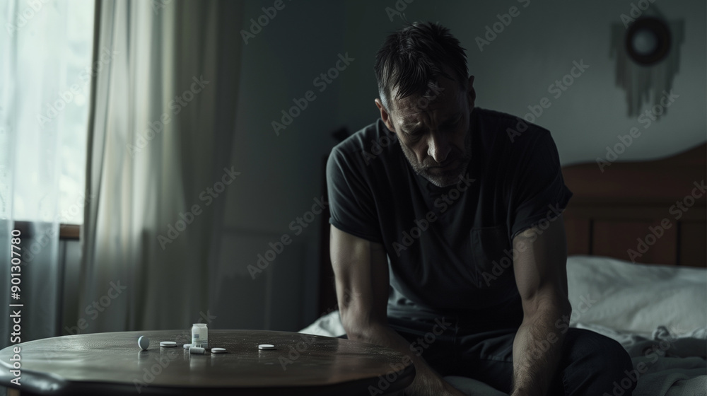 Obraz premium Man in depression. Dark room, anxiety and sadness.