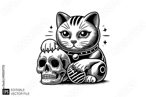 Black and white maneki neko lucky cat vector illustration design