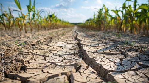 Withered Crops Closeup of dried, cracked earth with withered crops, symbolizing the impact of drought on agriculture photo