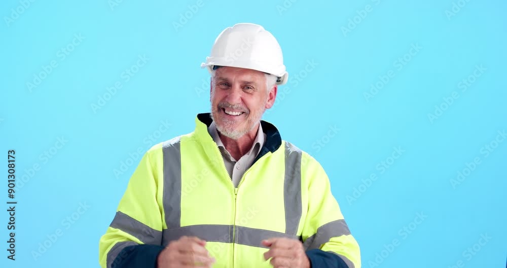 Celebration, man and face of construction worker in studio for industry project achievement. Engineering, excited and portrait of male industrial foreman cheering for career growth by blue background Celebration, man and face of construction worker in studio for industry project achievement. Engineering, excited and portrait of male industrial foreman cheering for career growth by blue background