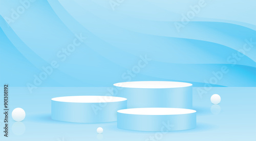 3D Realistic sky blue color product mockup design with a blue background. Abstract podium design. Products showcase background art. Pearl Vector Art. Colorful. Product display mockup.