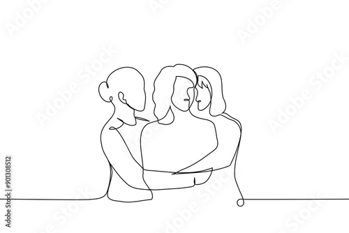 women on both sides hugging woman - one line art vector. concept female solidarity, female friendship