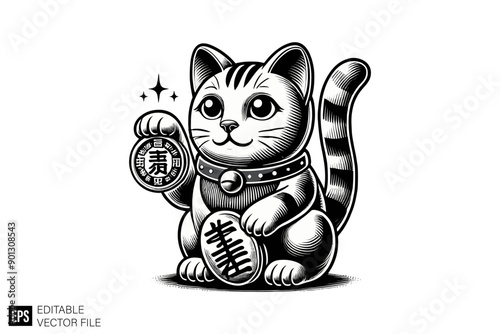 Black and white maneki neko lucky cat vector illustration design