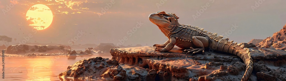 Fototapeta premium A serene sunset scene featuring a lizard basking by the water, highlighting nature's beauty and tranquility.