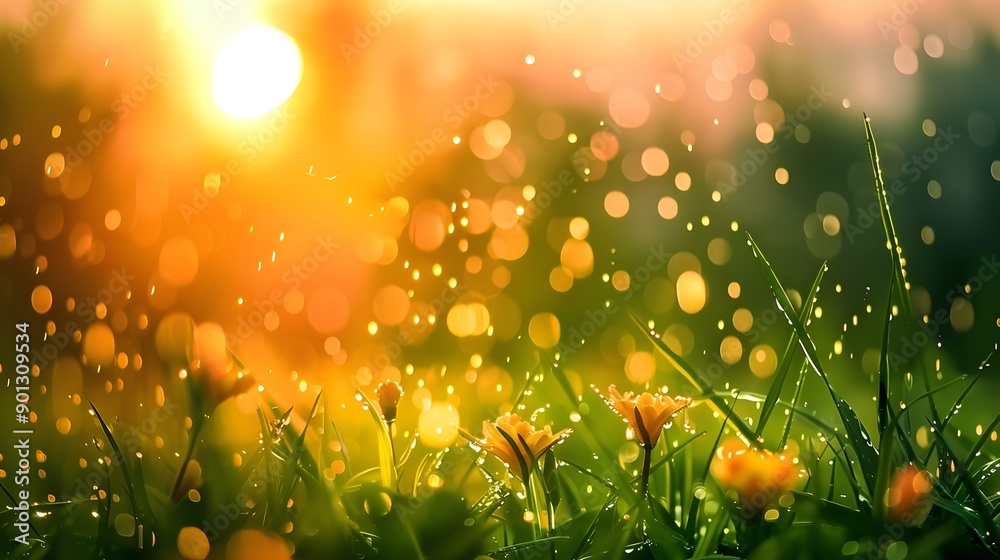 Golden Sunrise Dew on Fresh Spring Meadow Golden Sunrise Dew on Fresh Spring Meadow