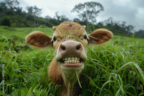 Cheerful cow smiling with teeth, in a vibrant grass field