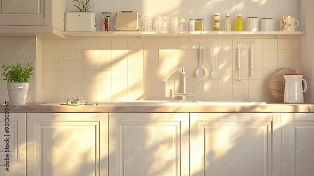 Sunlit cream white kitchen counter and cupboards with sink, wood laminated parquet floor, perfect for kitchenware product and interior design. Sunlit cream white kitchen counter and cupboards with sink, wood laminated parquet floor, perfect for kitchenware product and interior design.