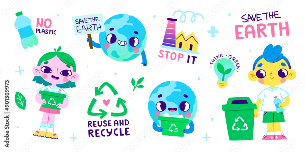 Fototapeta premium Old cartoon sticker set about recycling for kids. Vector ecology sticker collection with cute characters.