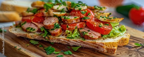 Wallpaper Mural Delicious sandwich topped with fresh vegetables, herbs, and savory sausage, perfect for a hearty lunch or snack. Torontodigital.ca