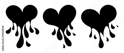 Black heart icon, Goth love sticker. Black silhouette of heart with splashes. Vector illustration isolated on white background.