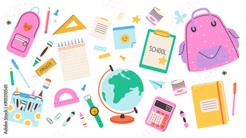 Set of school supplies. Back to school. Backpack, stationery, globe. Vector illustration in flat style. Vector illustration of art supplies and school stationery, cartoon